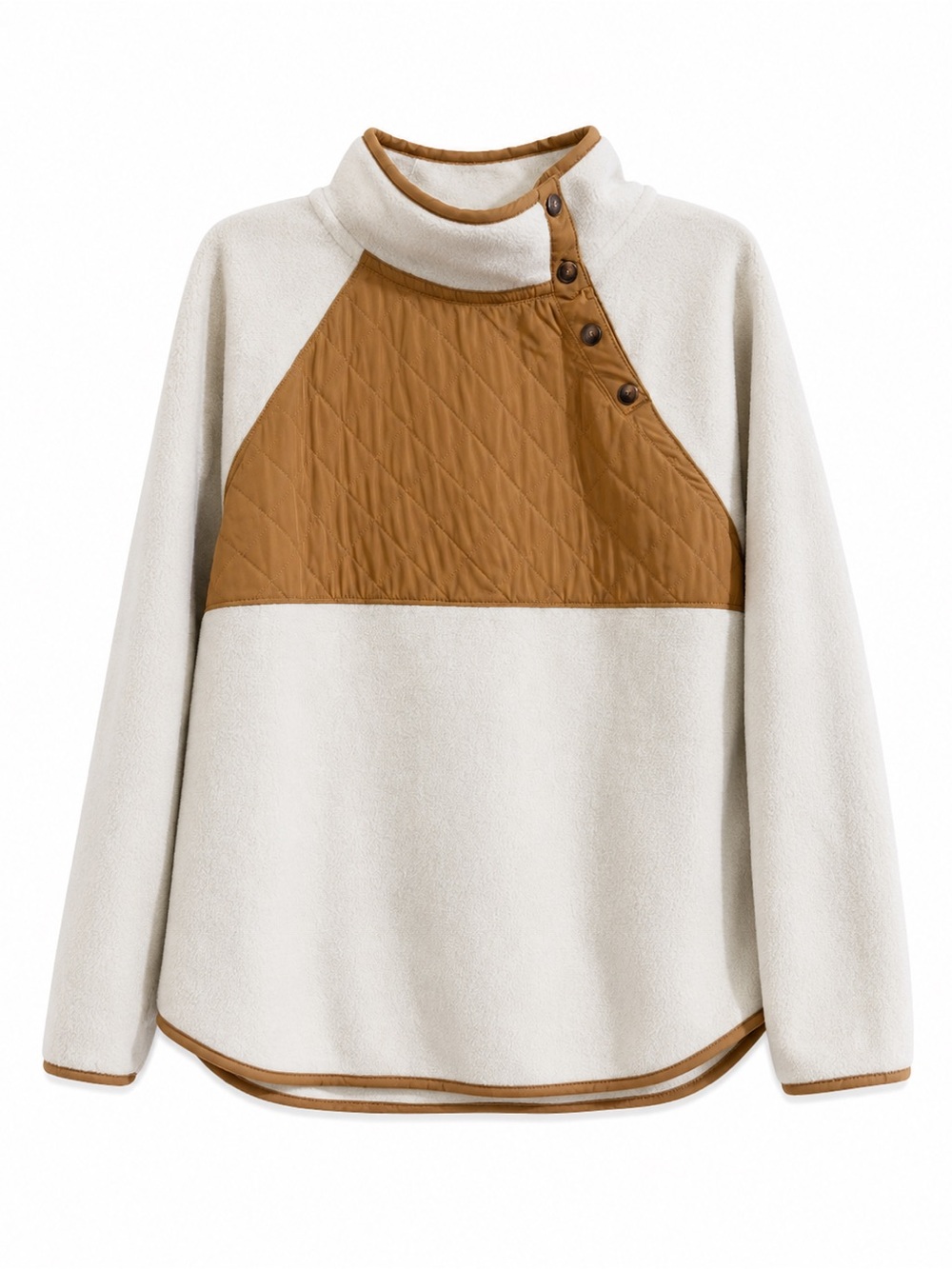 J.Crew Women’s Cream Fleece Pullover Brown Quilted Accent, snap buttons, Medium